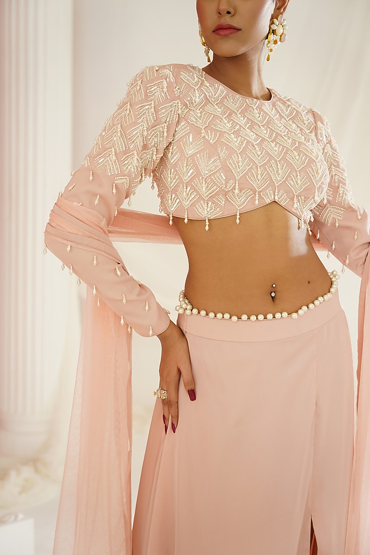 Blush Pink Armani Satin Wedding Lehenga Set by Kapda Dori at Pernia's Pop Up Shop