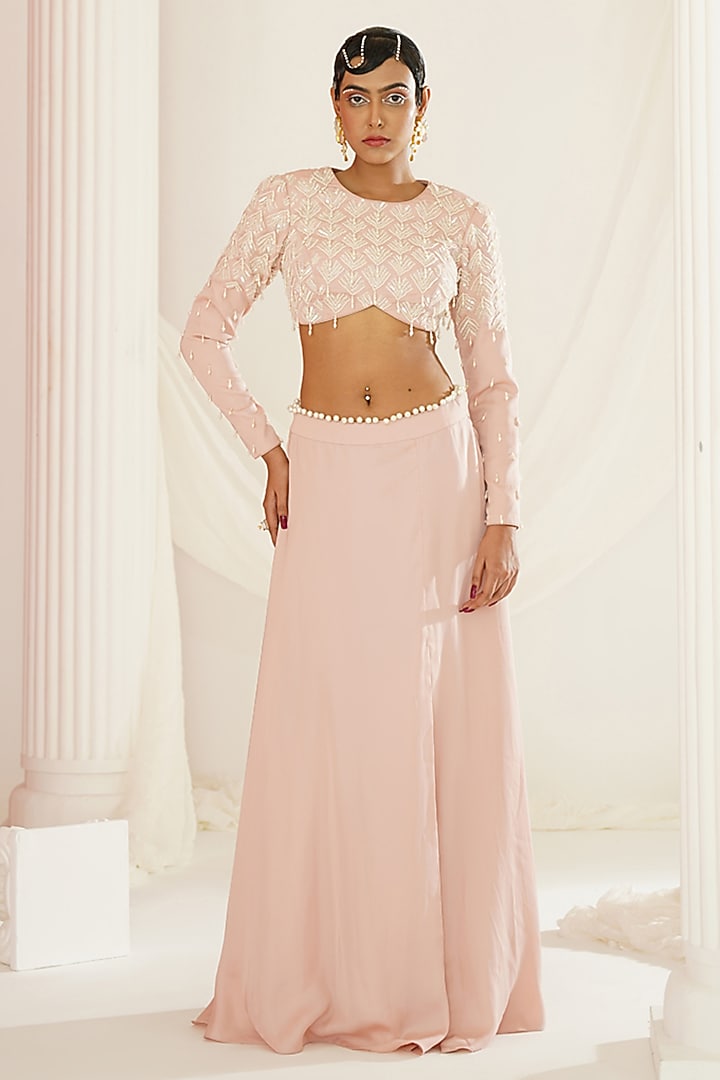 Blush Pink Armani Satin Wedding Lehenga Set by Kapda Dori at Pernia's Pop Up Shop