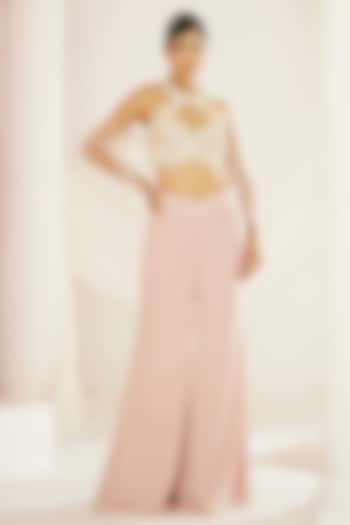 Blush Pink Armani Satin Flared Palazzo Pant Set by Kapda Dori at Pernia's Pop Up Shop