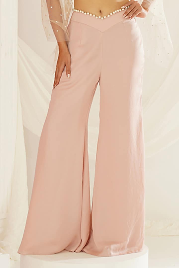 Blush Pink Armani Satin Flared Palazzo Pant Set by Kapda Dori at Pernia's Pop Up Shop