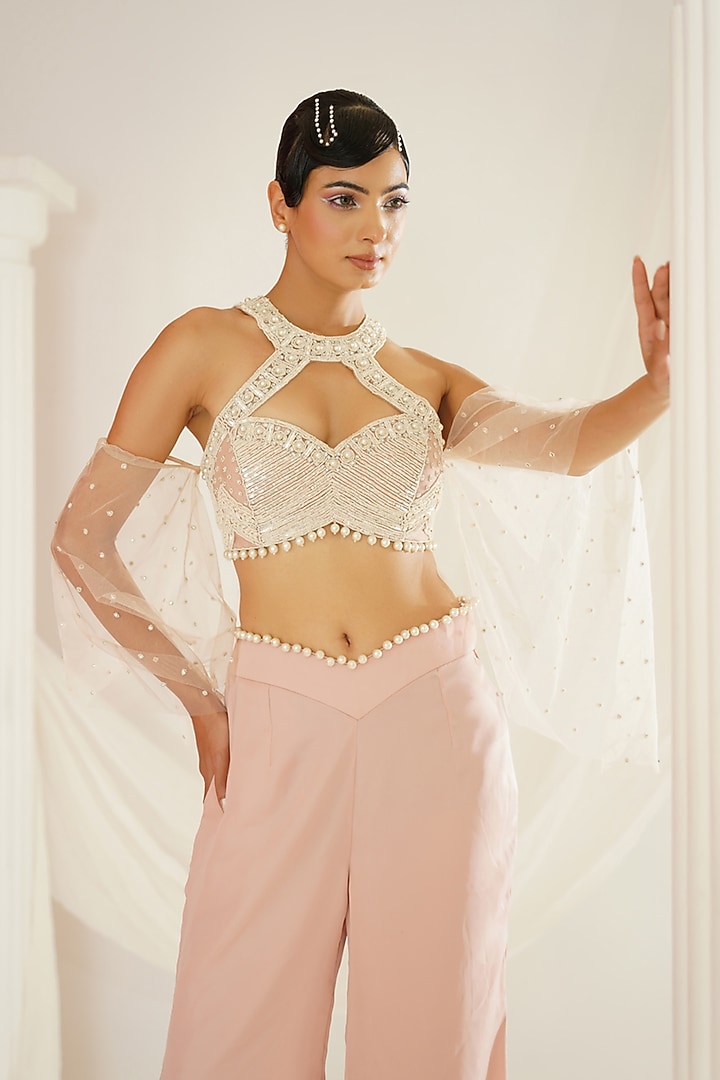 Blush Pink Armani Satin Flared Palazzo Pant Set by Kapda Dori at Pernia's Pop Up Shop