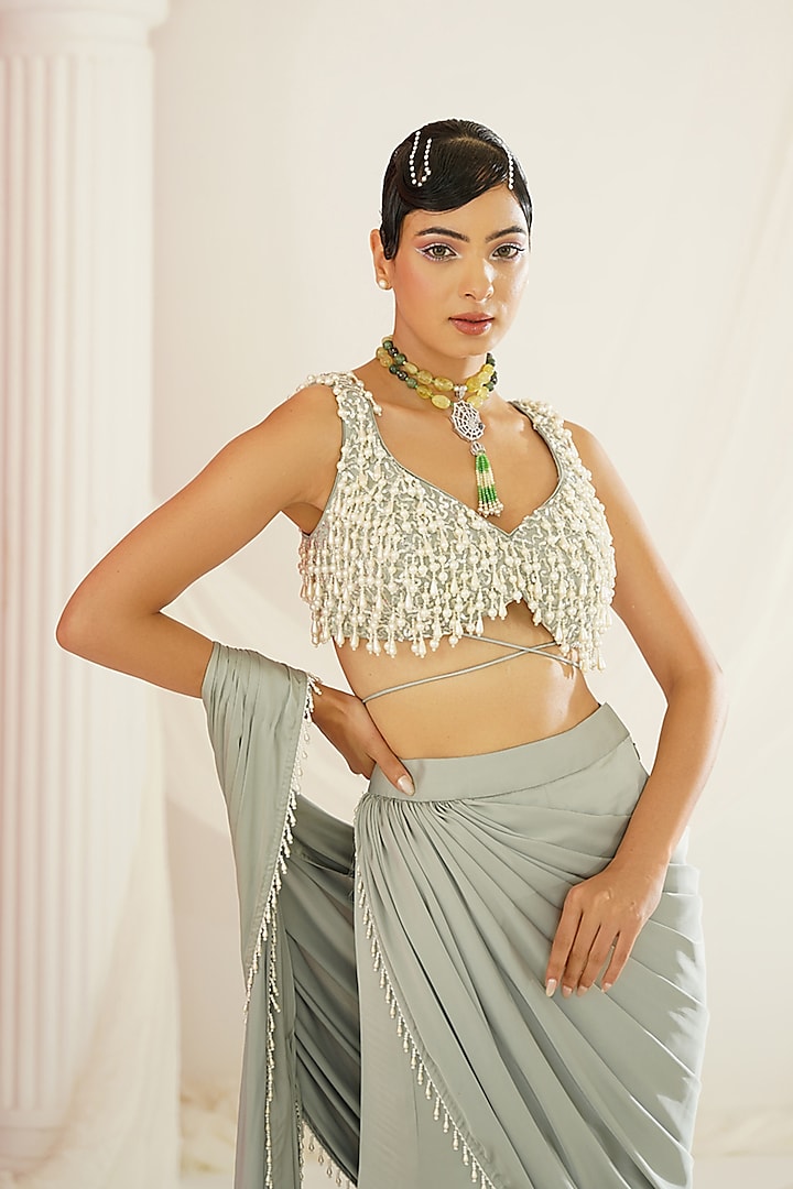 Sage Green Armani Satin Ready-To-Wear Wedding Saree Set by Kapda Dori at Pernia's Pop Up Shop