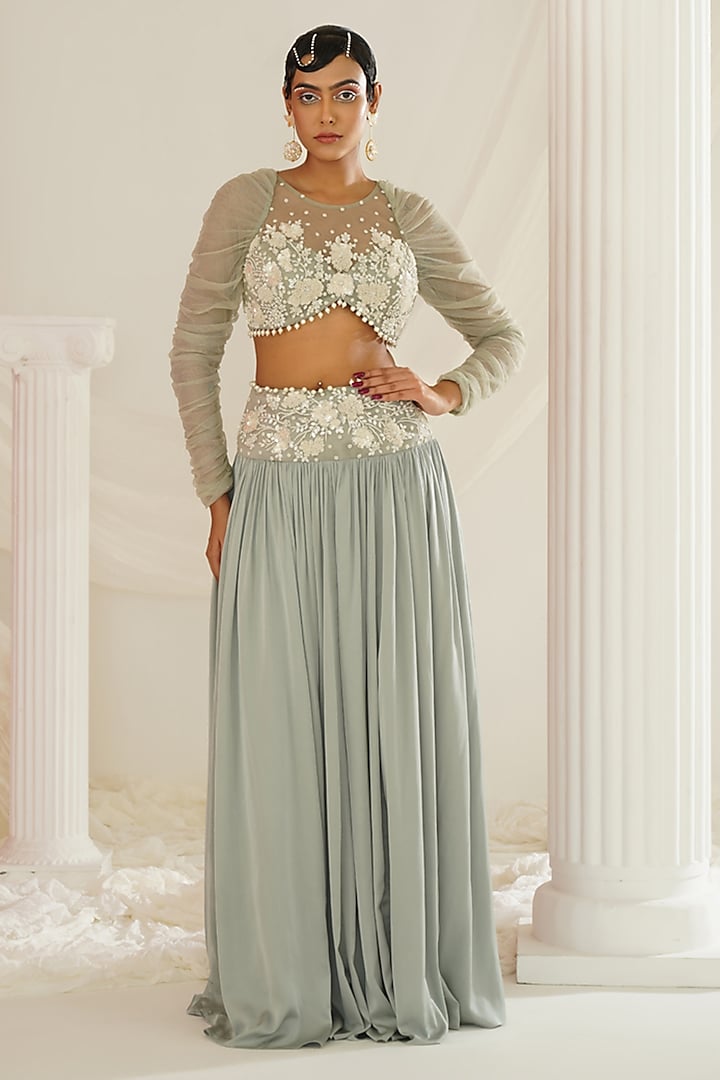 Sage Green Armani Satin Crystal Embroidered Wedding Lehenga Set by Kapda Dori at Pernia's Pop Up Shop