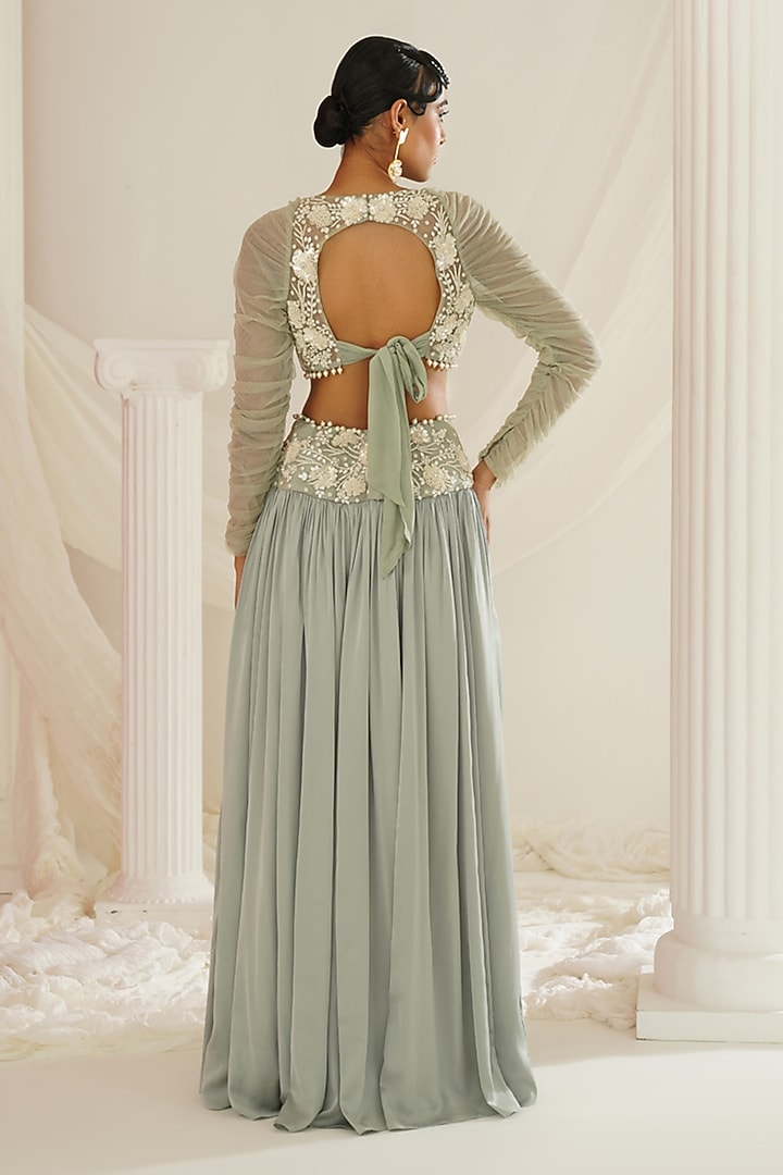 Sage Green Armani Satin Crystal Embroidered Wedding Lehenga Set by Kapda Dori at Pernia's Pop Up Shop