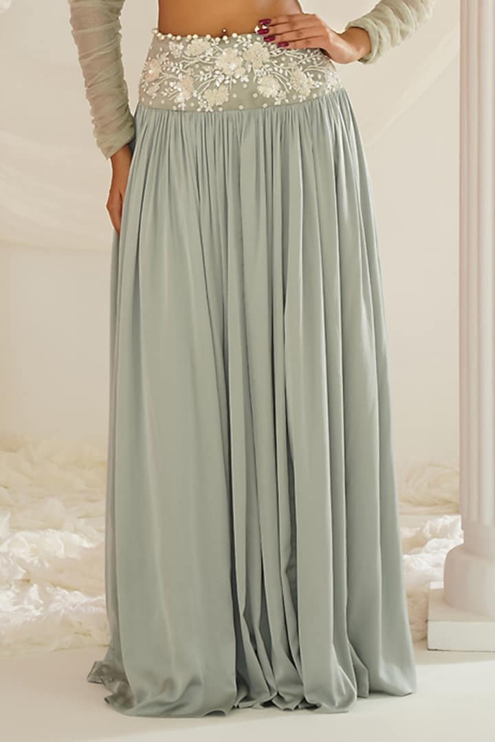 Sage Green Armani Satin Crystal Embroidered Wedding Lehenga Set by Kapda Dori at Pernia's Pop Up Shop