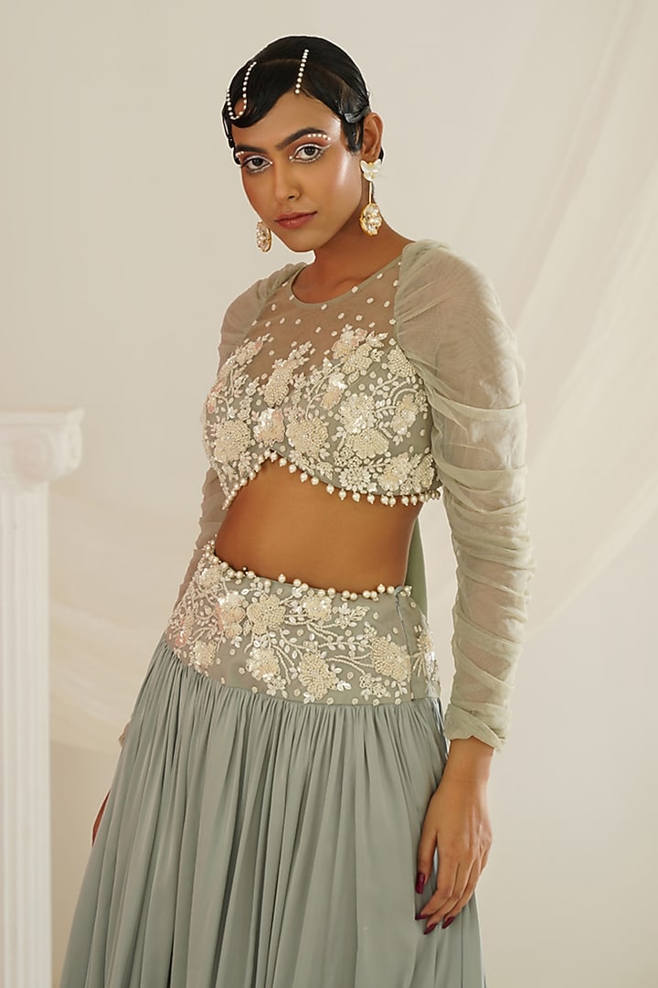 Sage Green Armani Satin Crystal Embroidered Wedding Lehenga Set by Kapda Dori at Pernia's Pop Up Shop