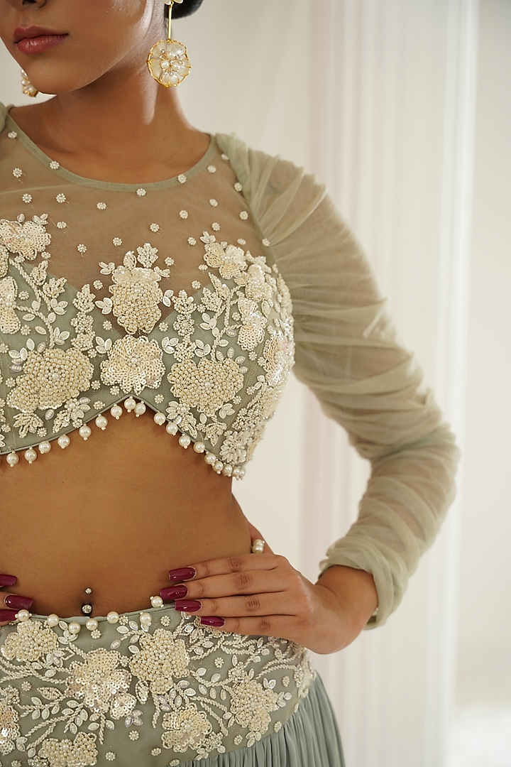 Sage Green Armani Satin Crystal Embroidered Wedding Lehenga Set by Kapda Dori at Pernia's Pop Up Shop