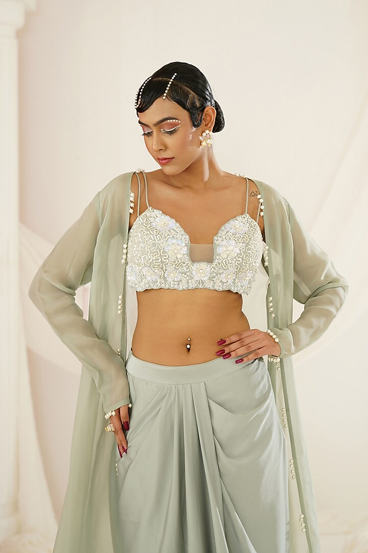 Sage Green Armani Satin Hand Embroidered Dhoti Set by Kapda Dori at Pernia's Pop Up Shop