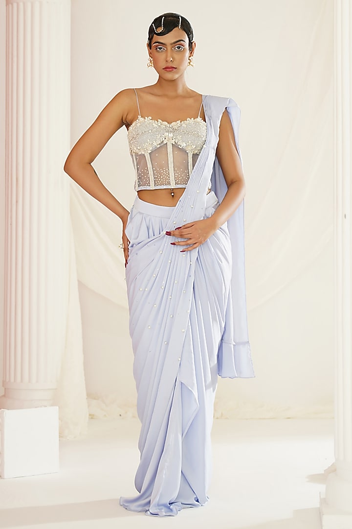 Powder Blue Armani Satin Ready-To-Wear Saree Set by Kapda Dori at Pernia's Pop Up Shop