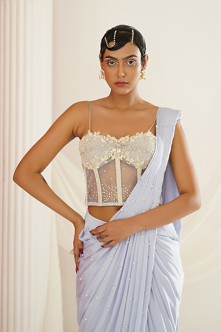 Powder Blue Armani Satin Ready-To-Wear Wedding Saree Set by Kapda Dori at Pernia's Pop Up Shop