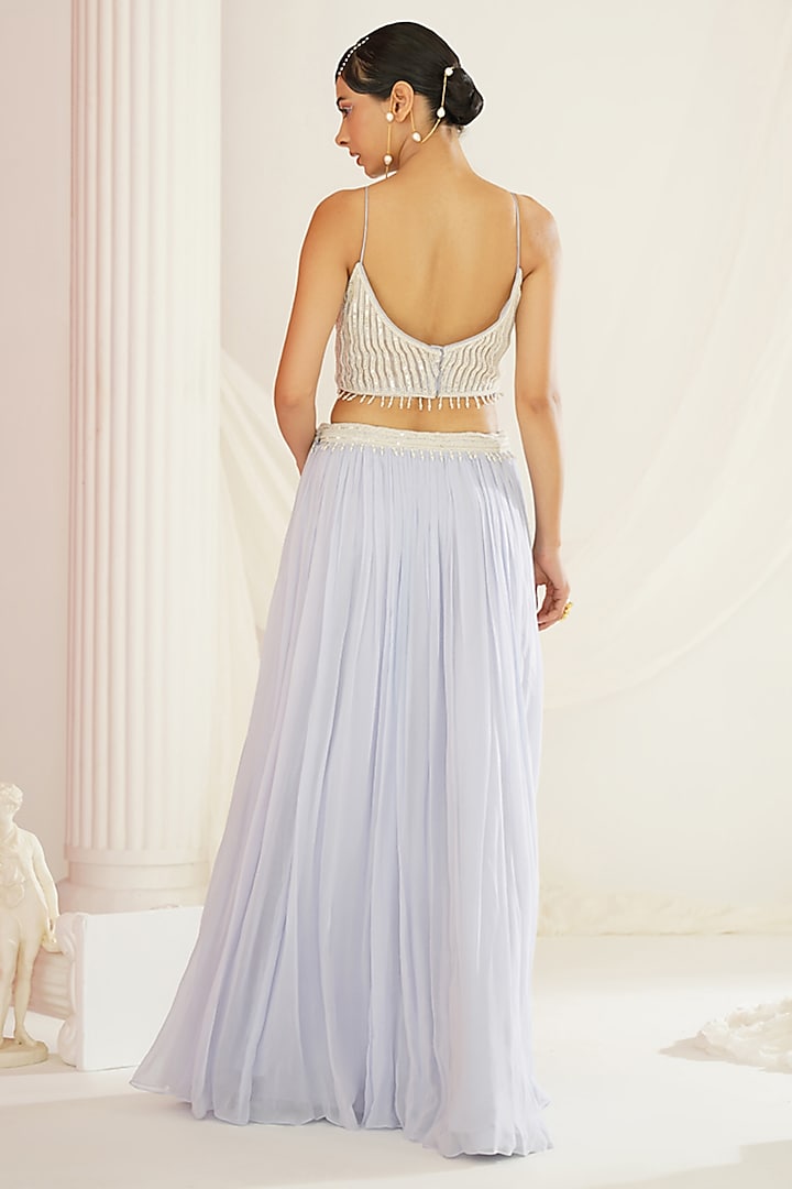 Powder Blue Armani Satin Crystal Embroidered Wedding Lehenga Set by Kapda Dori at Pernia's Pop Up Shop