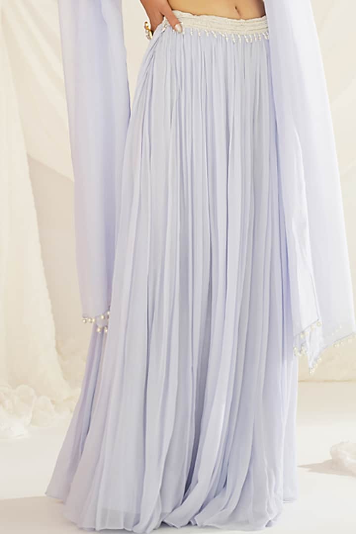 Powder Blue Armani Satin Crystal Embroidered Wedding Lehenga Set by Kapda Dori at Pernia's Pop Up Shop