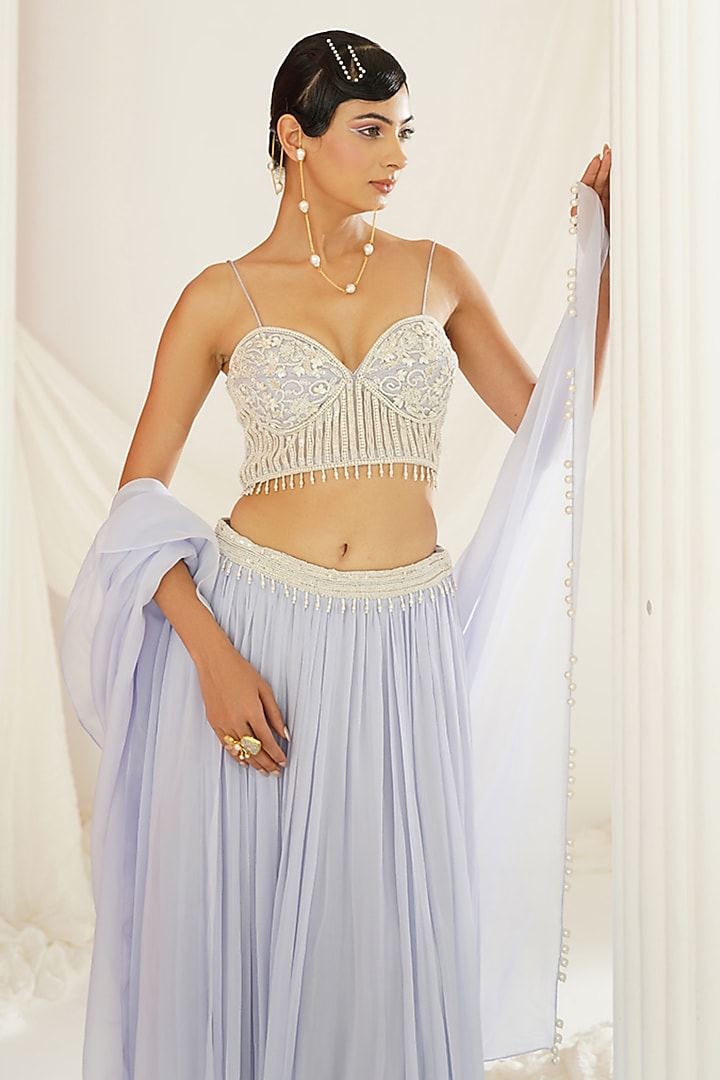 Powder Blue Armani Satin Crystal Embroidered Wedding Lehenga Set by Kapda Dori at Pernia's Pop Up Shop