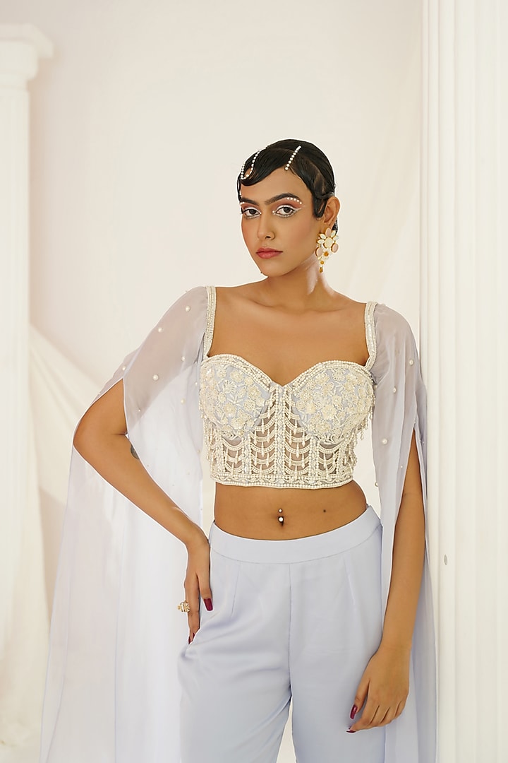 Powder Blue Armani Satin Flared Palazzo Pant Set by Kapda Dori at Pernia's Pop Up Shop