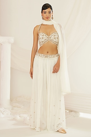 White Georgette Flared Palazzo Pant Set by Kapda Dori
