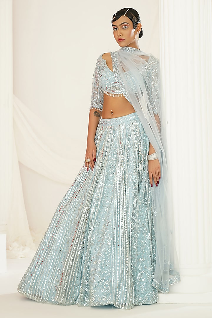 Aqua Blue Net Mirror Embroidered Bridal Lehenga Set by Kapda Dori at Pernia's Pop Up Shop