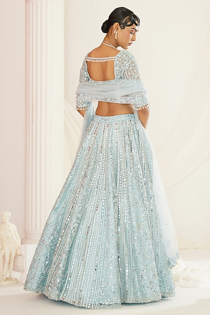 Aqua Blue Net Mirror Embroidered Bridal Lehenga Set by Kapda Dori at Pernia's Pop Up Shop