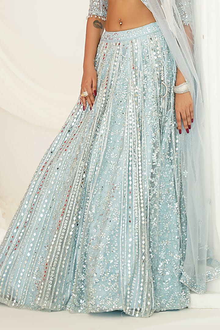 Aqua Blue Net Mirror Embroidered Bridal Lehenga Set by Kapda Dori at Pernia's Pop Up Shop