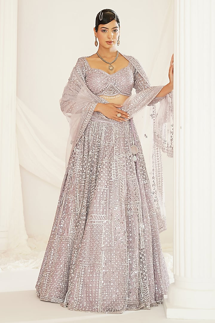 Lavender Net Mirror Embroidered Bridal Lehenga Set by Kapda Dori at Pernia's Pop Up Shop