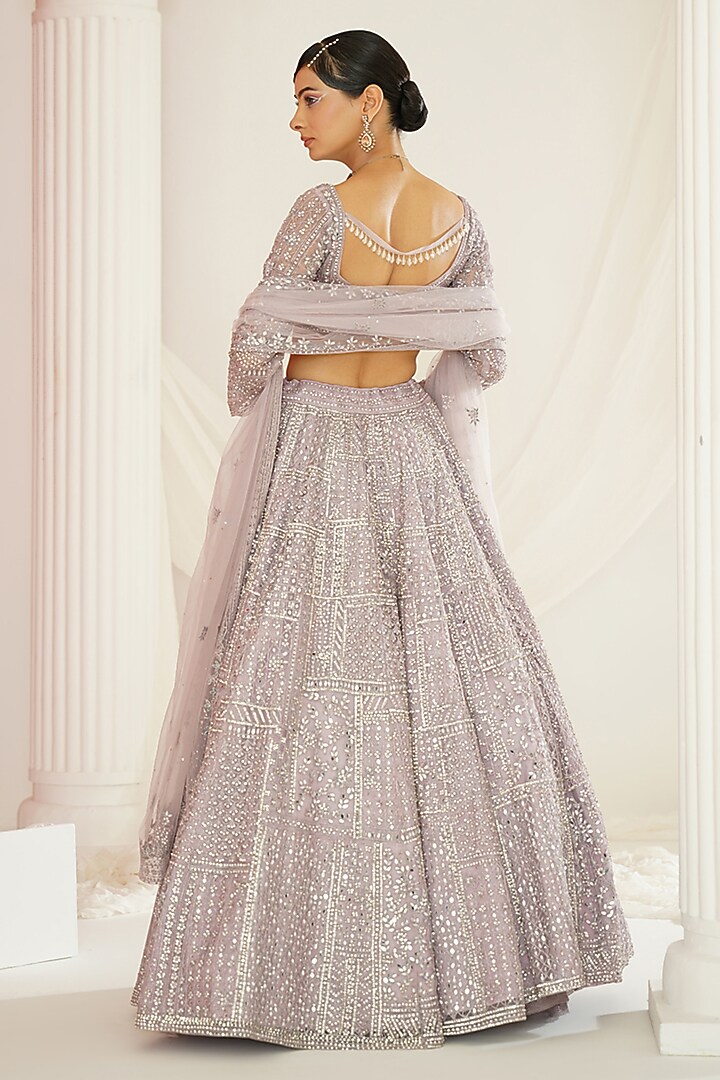 Lavender Net Mirror Embroidered Bridal Lehenga Set by Kapda Dori at Pernia's Pop Up Shop