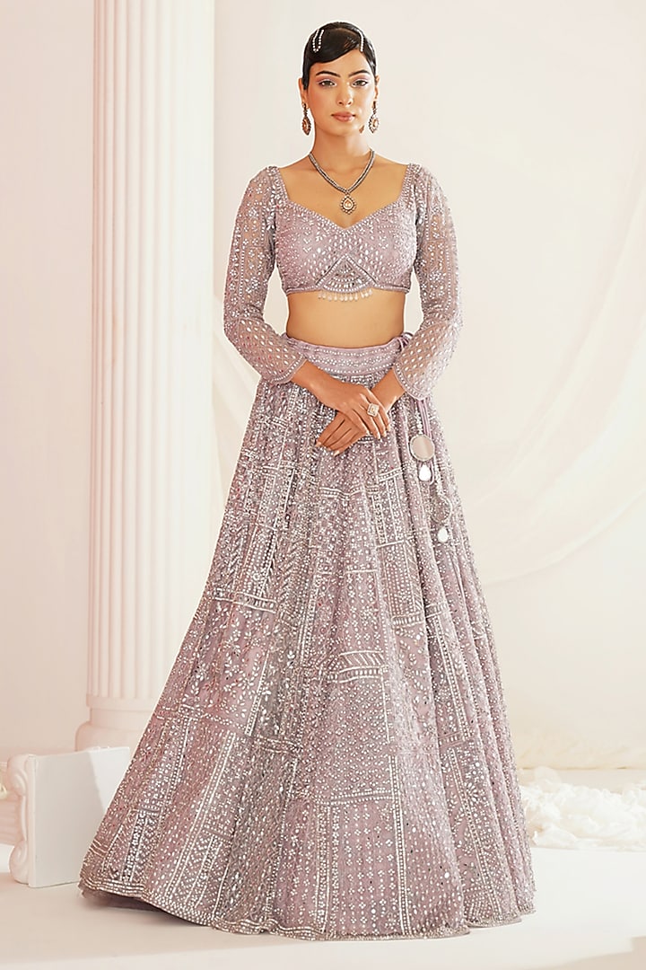 Lavender Net Mirror Embroidered Bridal Lehenga Set by Kapda Dori at Pernia's Pop Up Shop