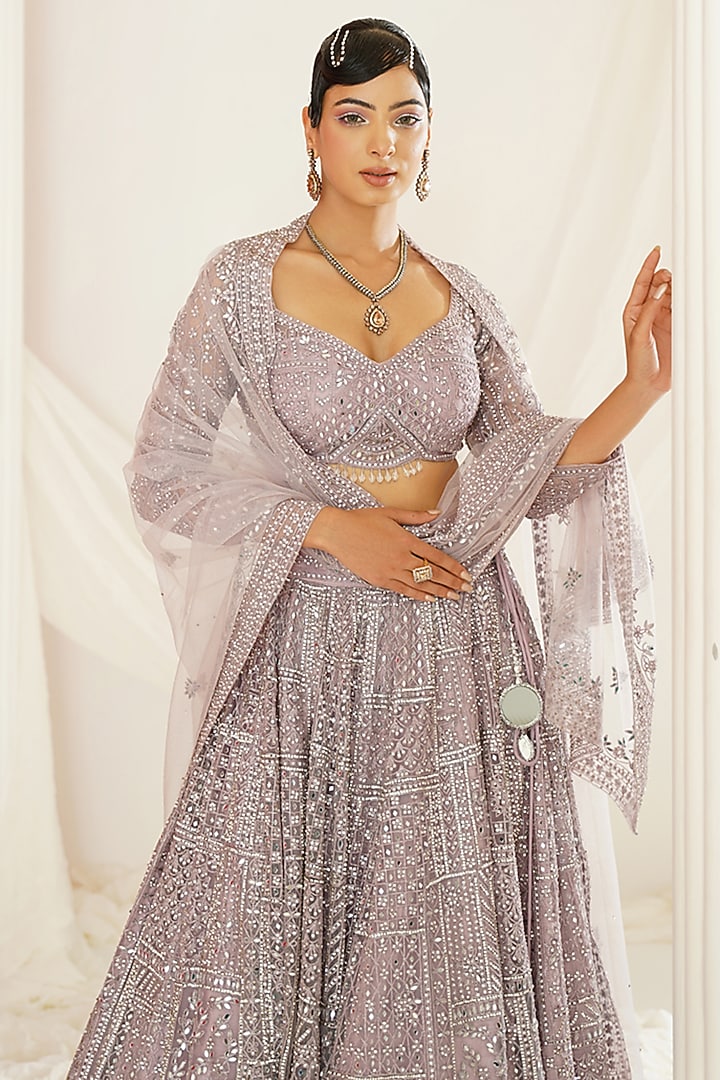 Lavender Net Mirror Embroidered Bridal Lehenga Set by Kapda Dori at Pernia's Pop Up Shop