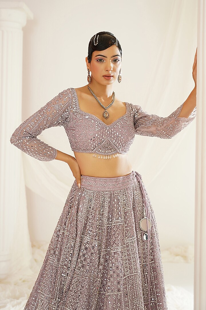 Lavender Net Mirror Embroidered Bridal Lehenga Set by Kapda Dori at Pernia's Pop Up Shop