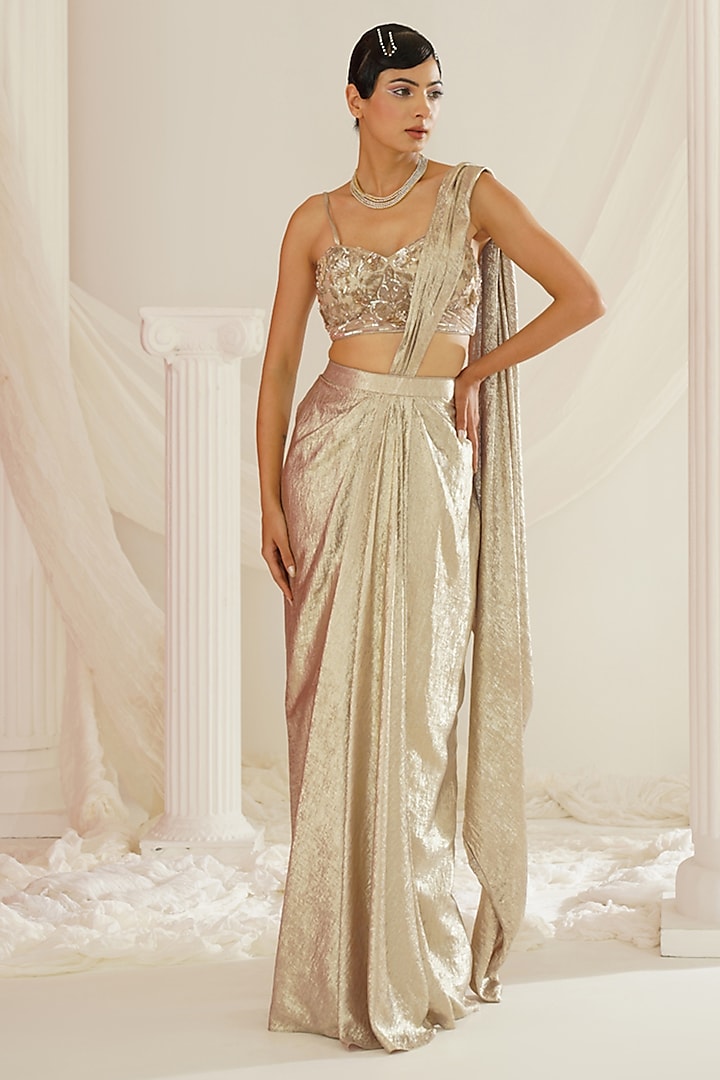 Gold Sandwash Satin Ready-To-Wear Draped Saree Set by Kapda Dori at Pernia's Pop Up Shop