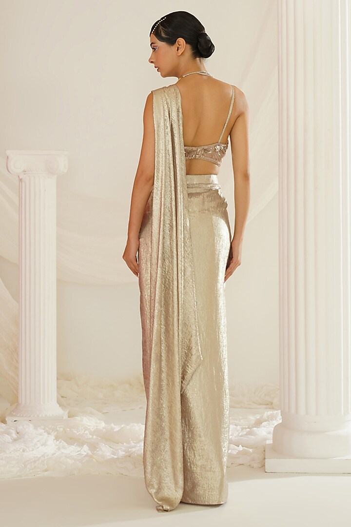 Rose Gold Sandwash Satin Ready-To-Wear Draped Wedding Saree Set by Kapda Dori at Pernia's Pop Up Shop