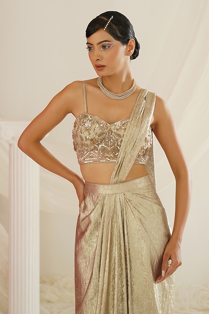 Rose Gold Sandwash Satin Ready-To-Wear Draped Wedding Saree Set by Kapda Dori at Pernia's Pop Up Shop