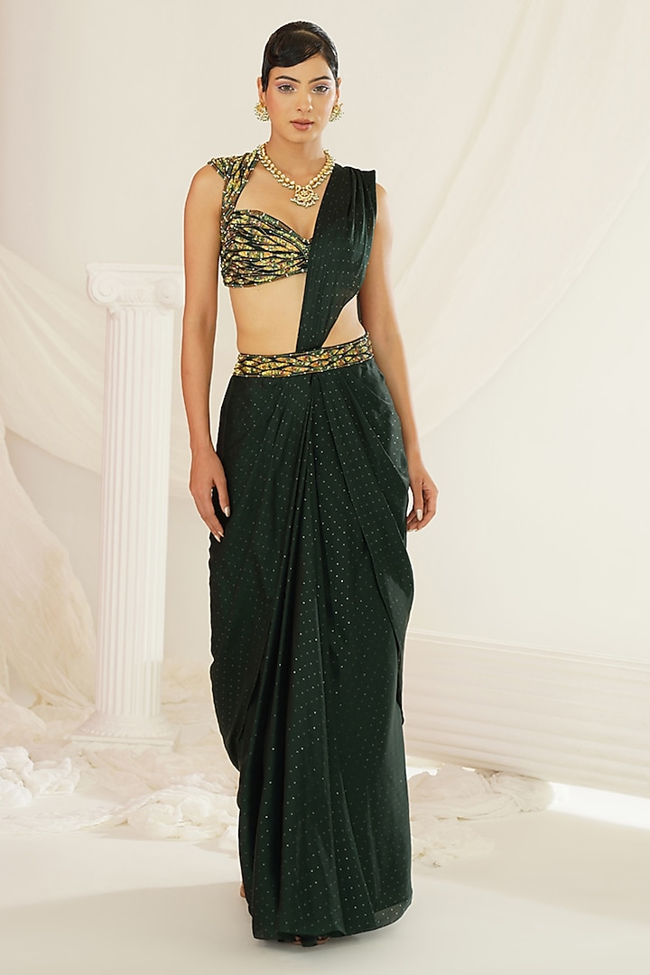 Forest Green Textured Satin Georgette Hand Embroidered Ready-To-Wear Draped Saree Set by Kapda Dori at Pernia's Pop Up Shop