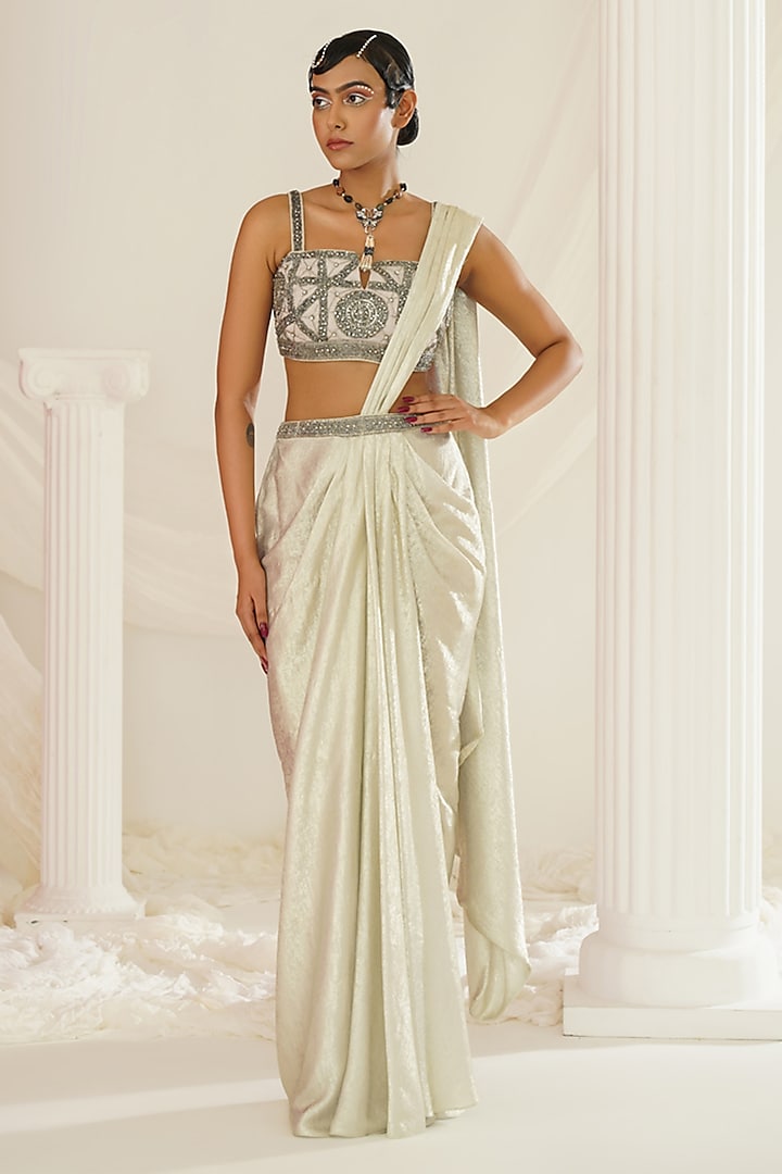 Silver Grey Textured Sandwash Hand Embroidered Ready-To-Wear Draped Saree Set by Kapda Dori at Pernia's Pop Up Shop