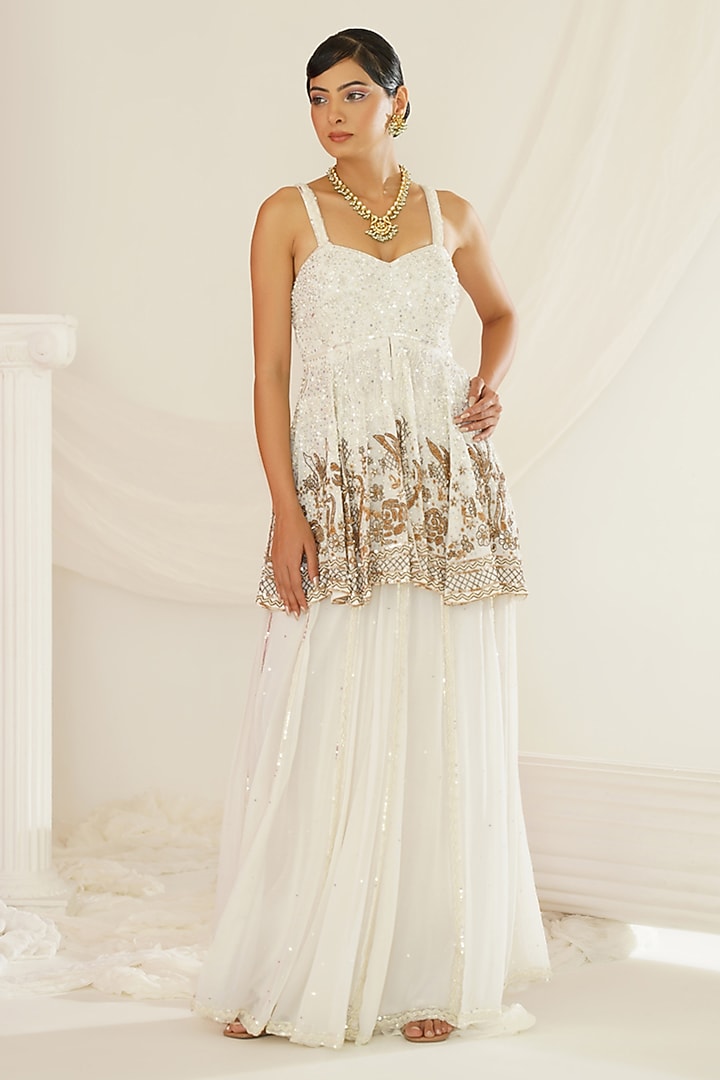 White Georgette Hand Embroidered Bridal Sharara Set by Kapda Dori at Pernia's Pop Up Shop