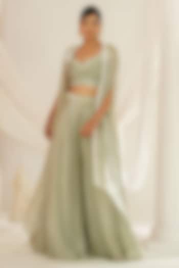 Sage Green Organza Tissue Sequins Embroidered Sharara Set by Kapda Dori at Pernia's Pop Up Shop