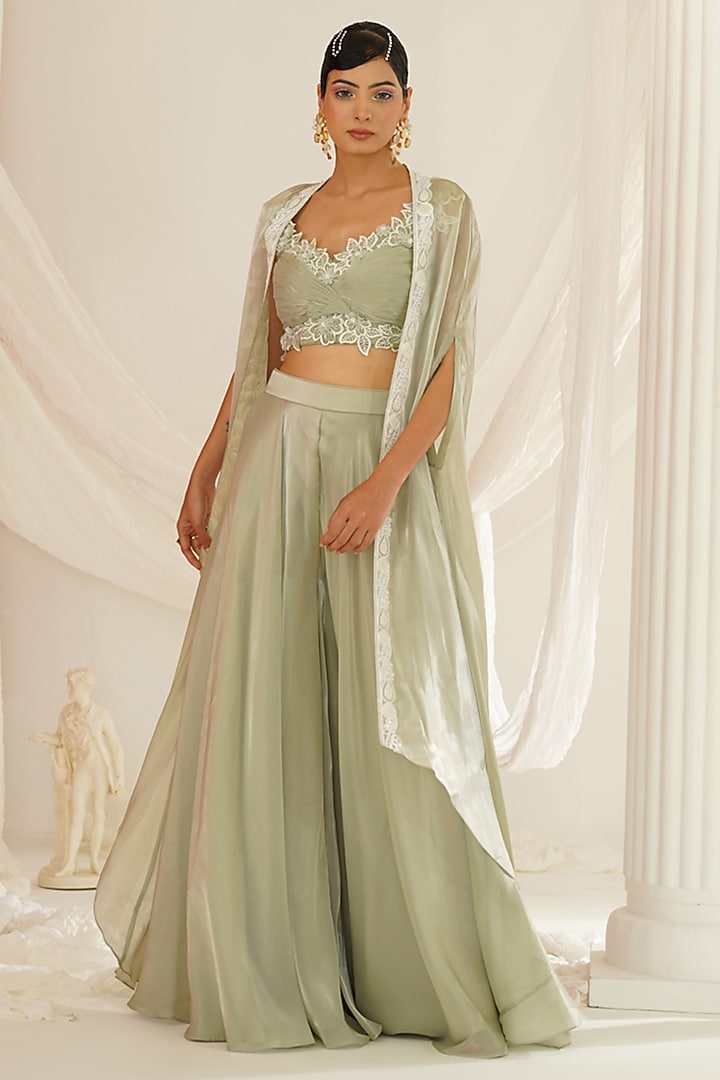 Sage Green Organza Tissue Sequins Embroidered Sharara Set by Kapda Dori at Pernia's Pop Up Shop