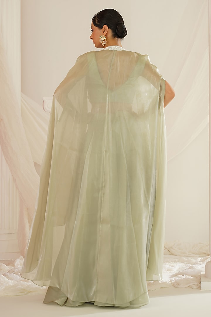Sage Green Organza Tissue Sequins Embroidered Wedding Sharara Set by Kapda Dori at Pernia's Pop Up Shop