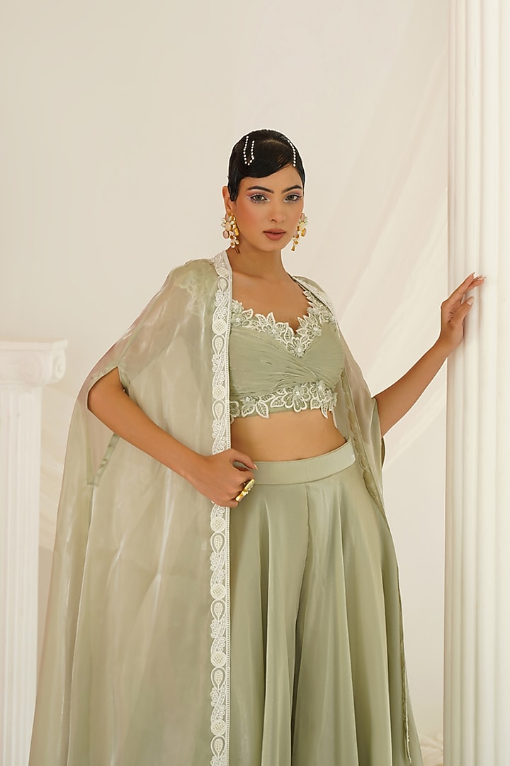 Sage Green Organza Tissue Sequins Embroidered Wedding Sharara Set by Kapda Dori at Pernia's Pop Up Shop