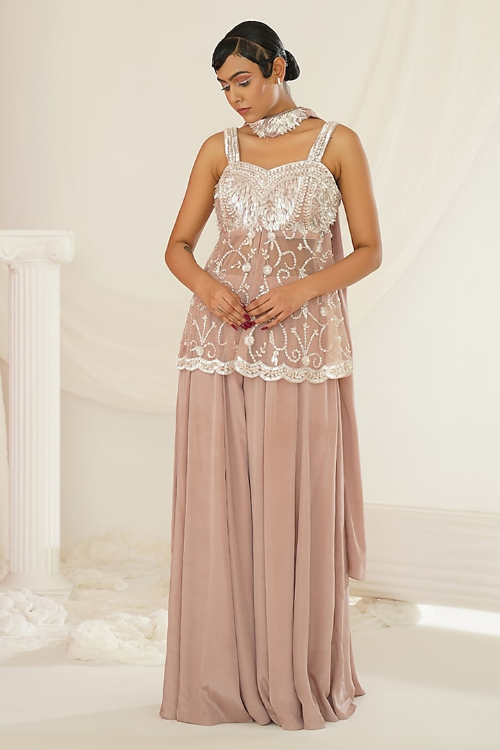 Nude Satin Chiffon Embroidered Sharara Set by Kapda Dori at Pernia's Pop Up Shop