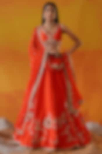 Orange Dupion Silk Sequins Hand Embroidered Wedding Lehenga Set by Kapda Dori at Pernia's Pop Up Shop