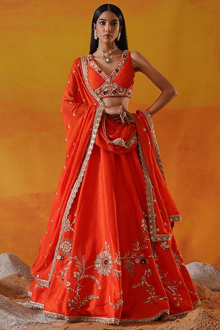 Orange Dupion Silk Sequins Hand Embroidered Wedding Lehenga Set by Kapda Dori at Pernia's Pop Up Shop