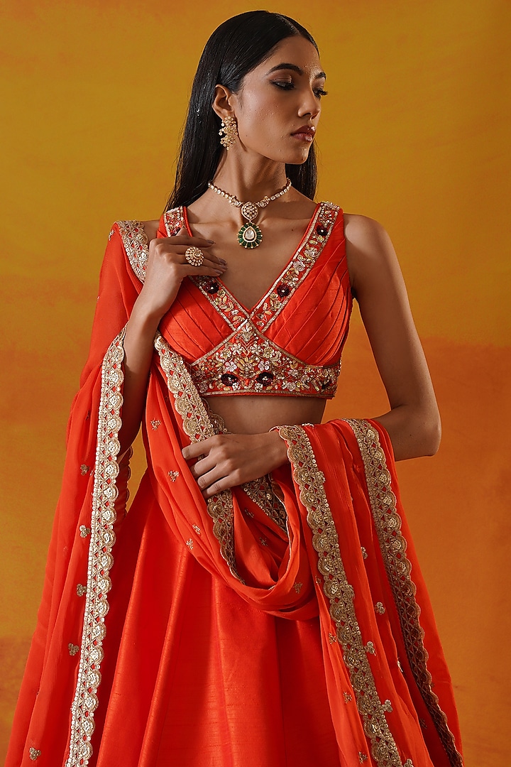 Orange Dupion Silk Sequins Hand Embroidered Wedding Lehenga Set by Kapda Dori at Pernia's Pop Up Shop