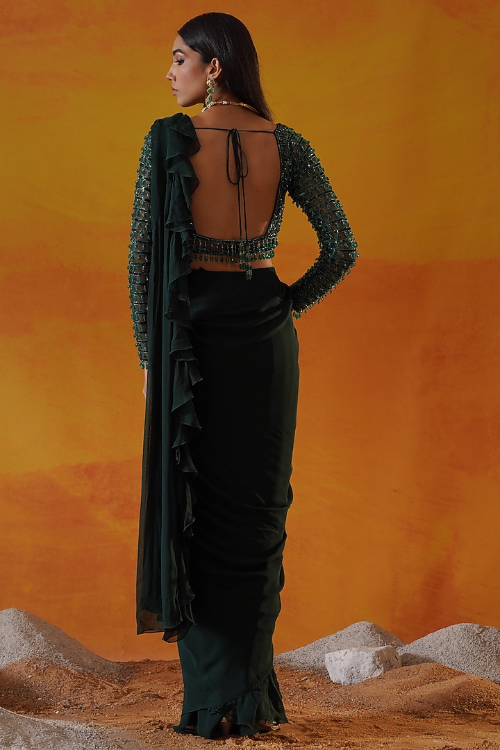 Green Georgette Draped Reception Saree Set by Kapda Dori at Pernia's Pop Up Shop