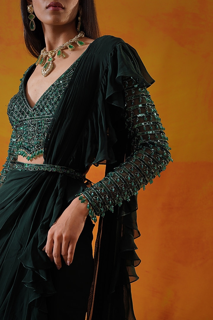 Green Georgette Draped Reception Saree Set by Kapda Dori at Pernia's Pop Up Shop