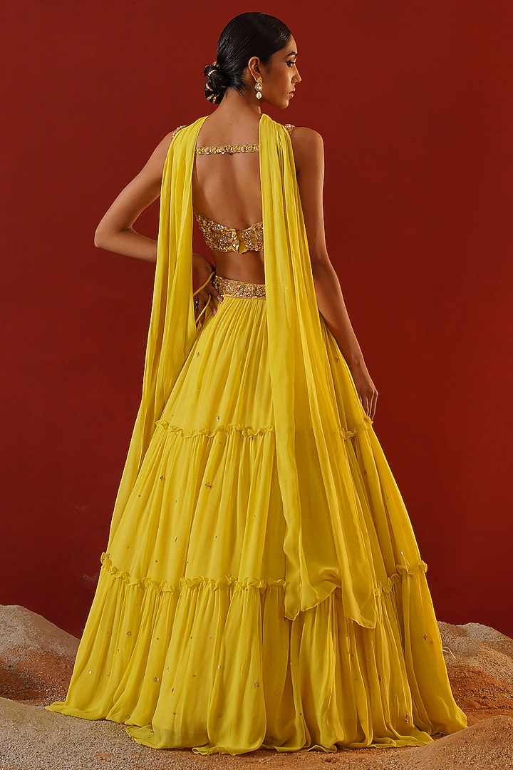 Yellow Georgette Sequins Hand Embroidered Wedding Lehenga Set by Kapda Dori at Pernia's Pop Up Shop
