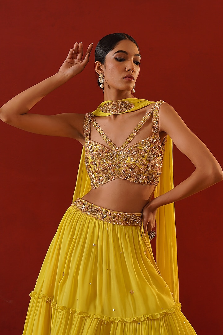 Yellow Georgette Sequins Hand Embroidered Wedding Lehenga Set by Kapda Dori at Pernia's Pop Up Shop