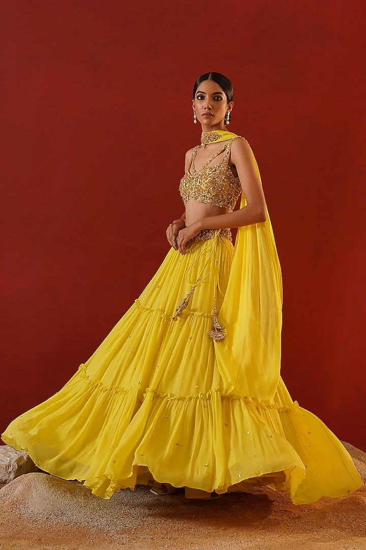 Yellow Georgette Sequins Hand Embroidered Wedding Lehenga Set by Kapda Dori at Pernia's Pop Up Shop