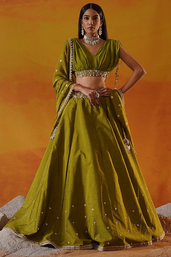 Green Dupion Silk Sequins Hand Embroidered Wedding Lehenga Set by Kapda Dori at Pernia's Pop Up Shop