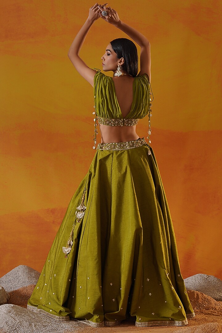 Green Dupion Silk Sequins Hand Embroidered Wedding Lehenga Set by Kapda Dori at Pernia's Pop Up Shop