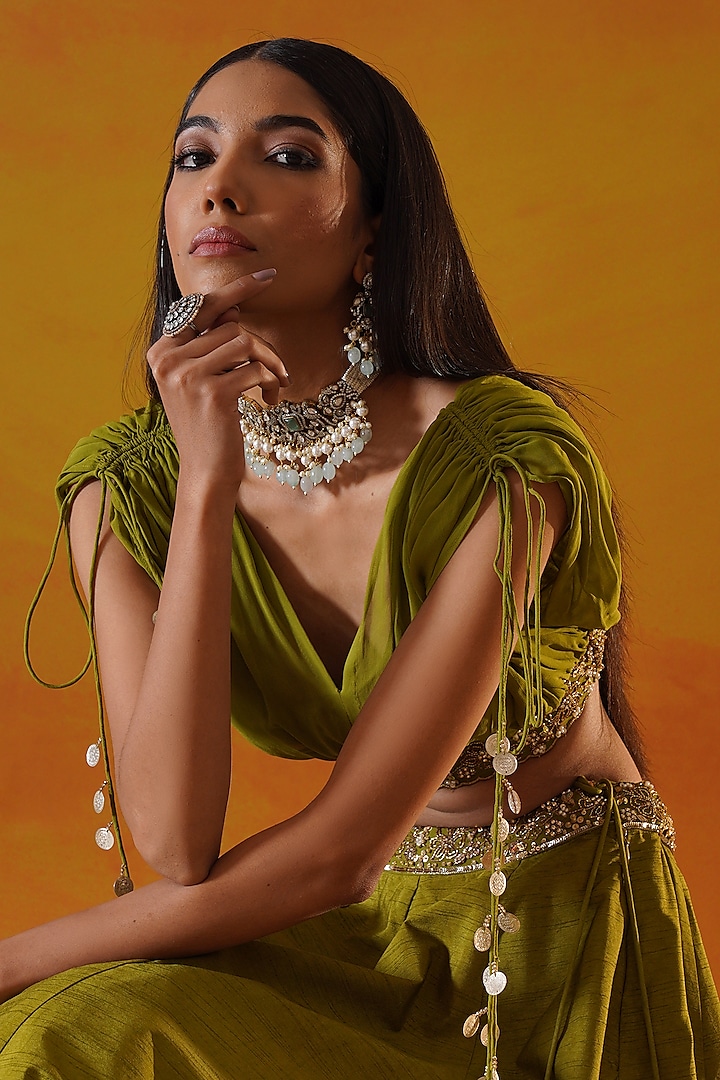 Green Dupion Silk Sequins Hand Embroidered Wedding Lehenga Set by Kapda Dori at Pernia's Pop Up Shop