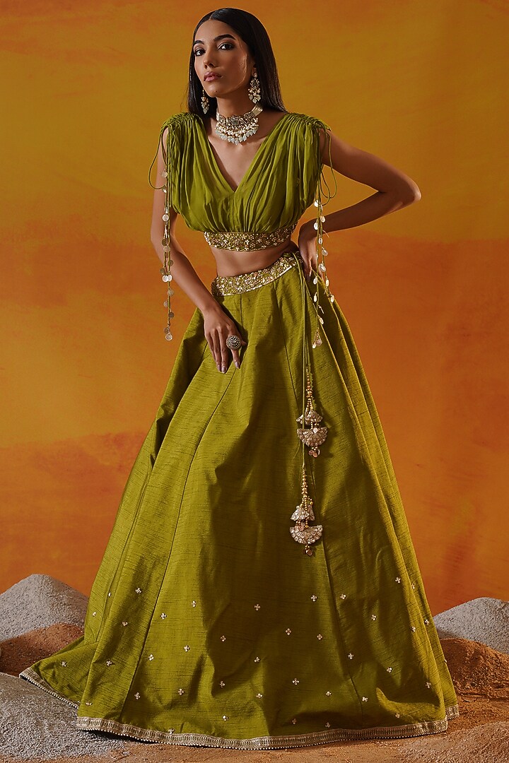Green Dupion Silk Sequins Hand Embroidered Wedding Lehenga Set by Kapda Dori at Pernia's Pop Up Shop